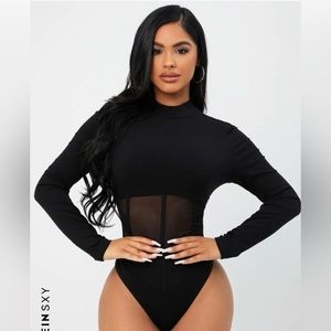 Mock Neck Mesh Panel Bodysuit